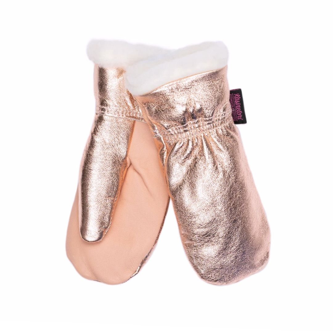 Käsinetorin lämpöiset ruusukullan väriset kimallenahkarukkaset villavuorilla lapsille