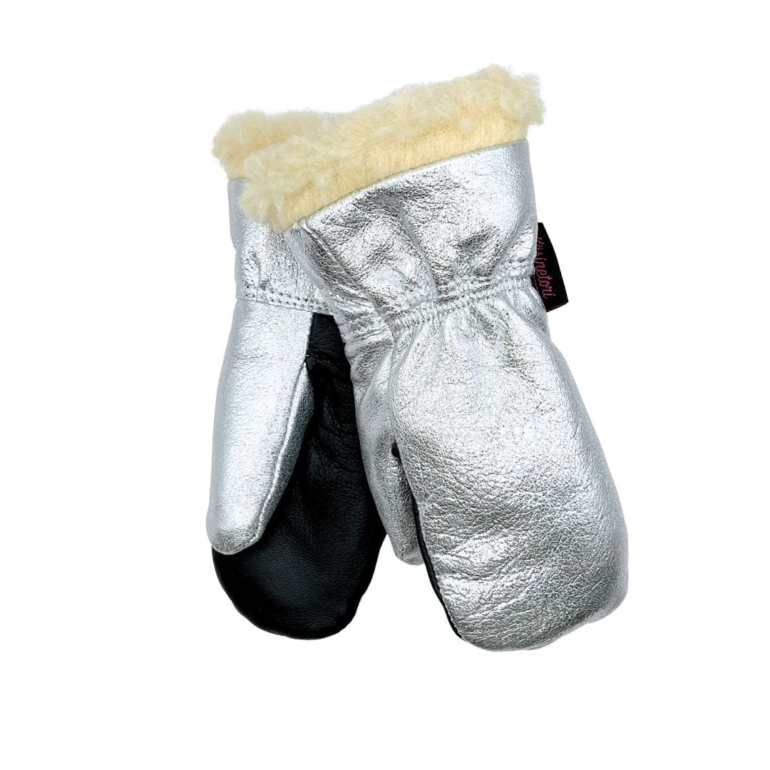 Käsinetorin lasten talvihanskat hopean värisestä kimallenahasta villavuorilla