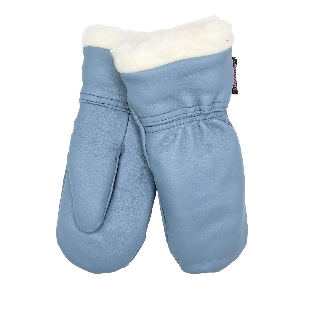 Käsinetorin kotimaiset villavuorilliset nahkarukkaset lapsille vaaleansinisessä värissä