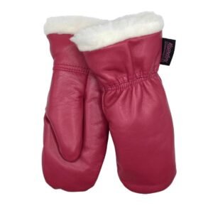 Käsinetorin kotimaiset villavuorilliset nahkarukkaset lapsille vadelman värisenä