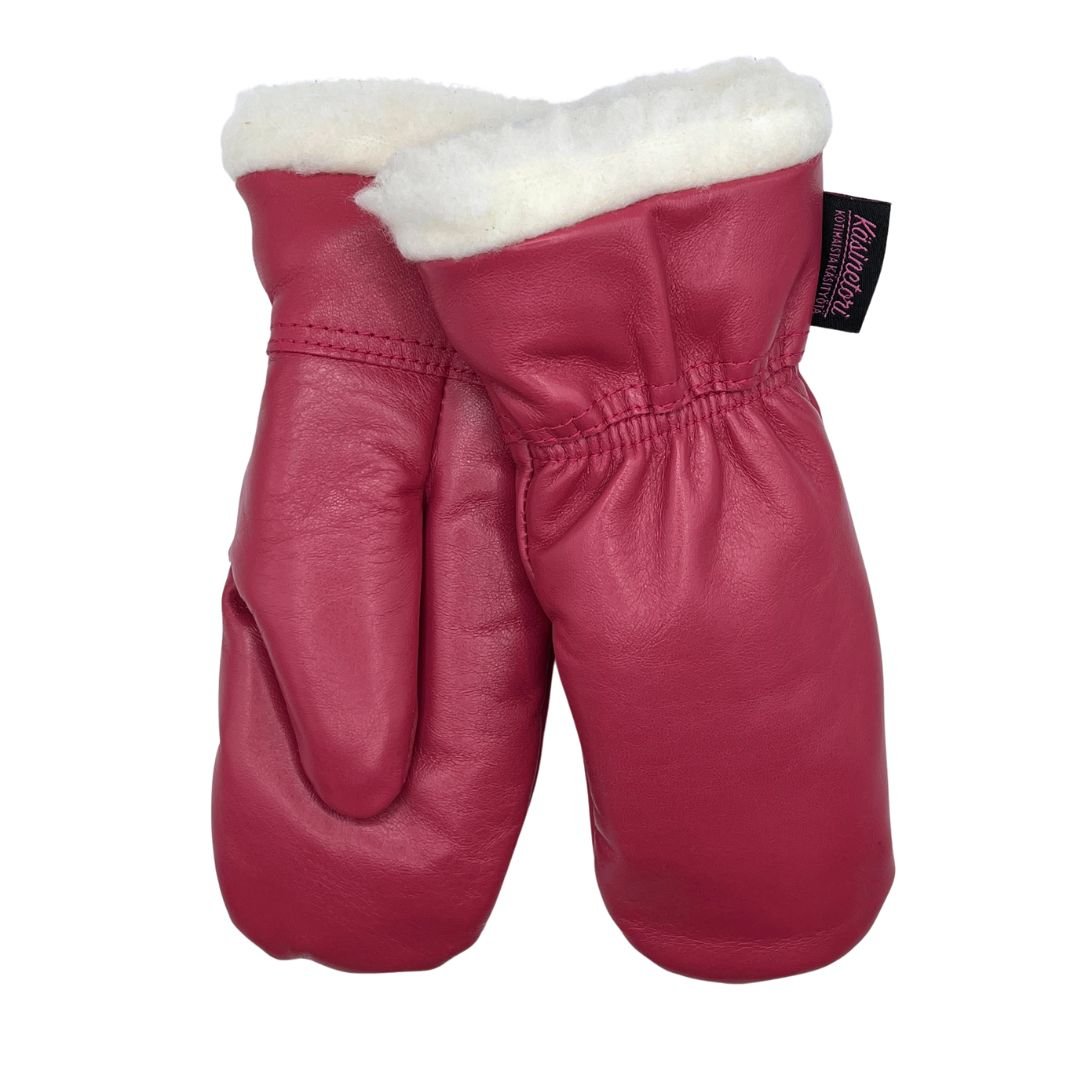 Käsinetorin kotimaiset villavuorilliset nahkarukkaset lapsille vadelman värisenä