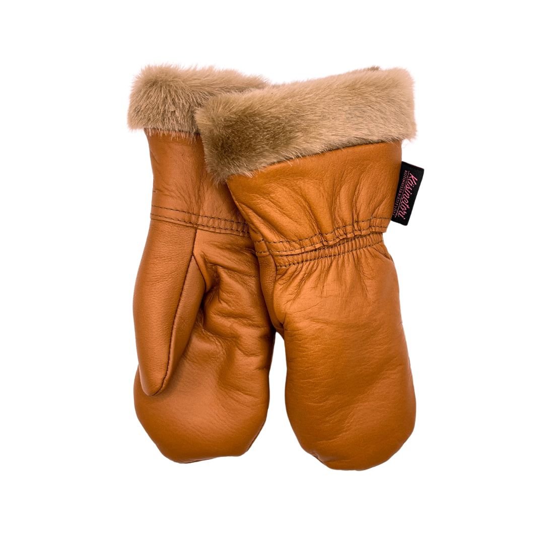 Käsinetorin konjakin väriset nahkarukkaset lammasturkisvuorilla lapsille