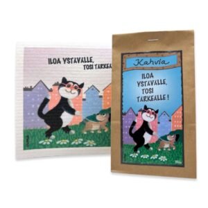 Vilippuksen kahvipussi ja tiskirätti, joissa kuvitus kissasta ulkoiluttamassa koiraa ja teksti "Iloa ystävälle, tosi tärkeälle!"