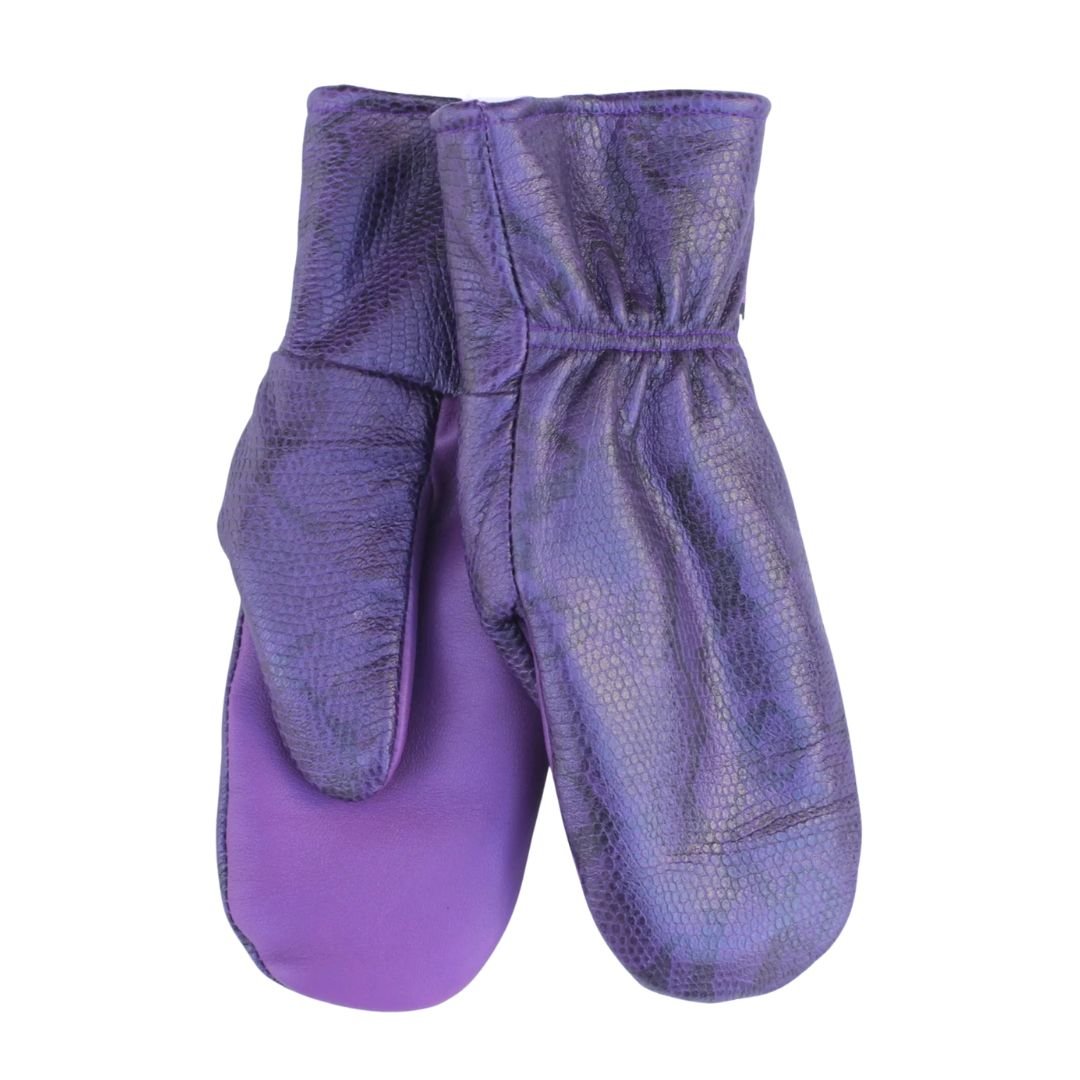 Käsinetorin naisten käärmeennahkakuvioidut liilat nahkarukkaset lammasturkisvuorilla