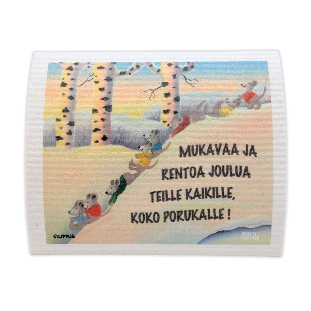 Kotimainen tiskirätti, jonka kuvituksessa hiiret laskevat mäkeä talvimaisemassa, sekä teksti "Mukavaa ja rentoa joulua teille kaikille, koko porukalle!"