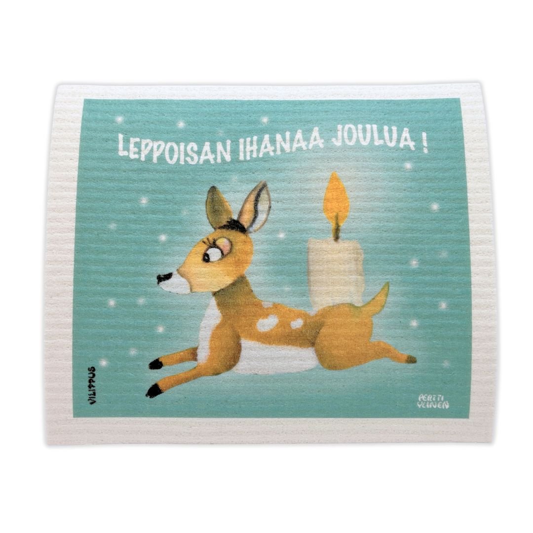 Kotimainen sieniliina, jossa turkoositaustainen peurakuvitus tekstillä "leppoisan ihanaa joulua!"