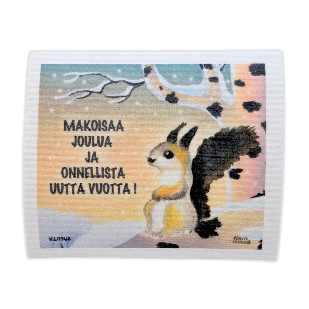 Kotimainen tiskirätti, jossa oravakuvitus lumisella maisemalla, sekä teksti "makoisaa joulua ja onnellista uutta vuotta!"