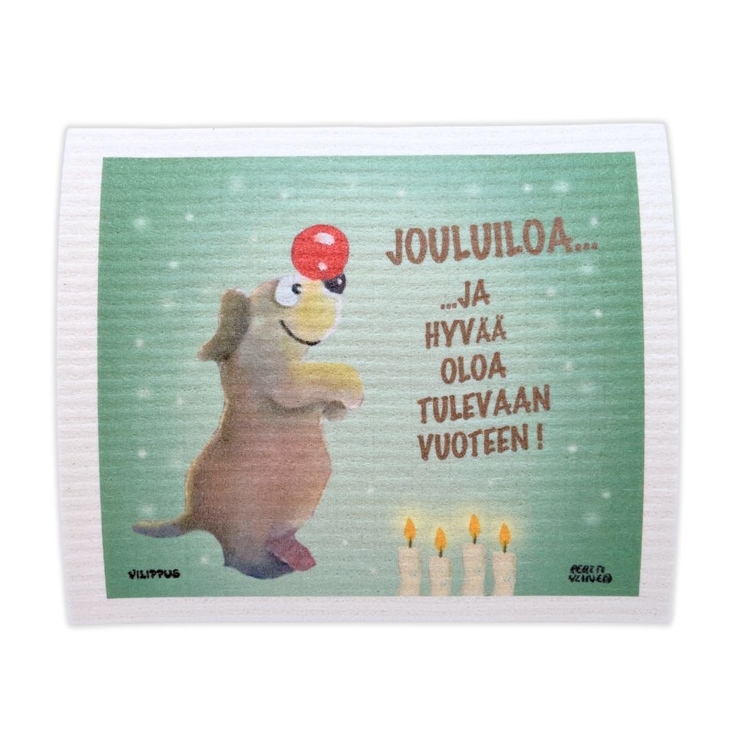 Kotimainen tiskirätti, jossa on koirakuvitus vihreällä taustalla, sekä tekstillä "jouluiloa ja hyvää oloa tulevaan vuoteen!"