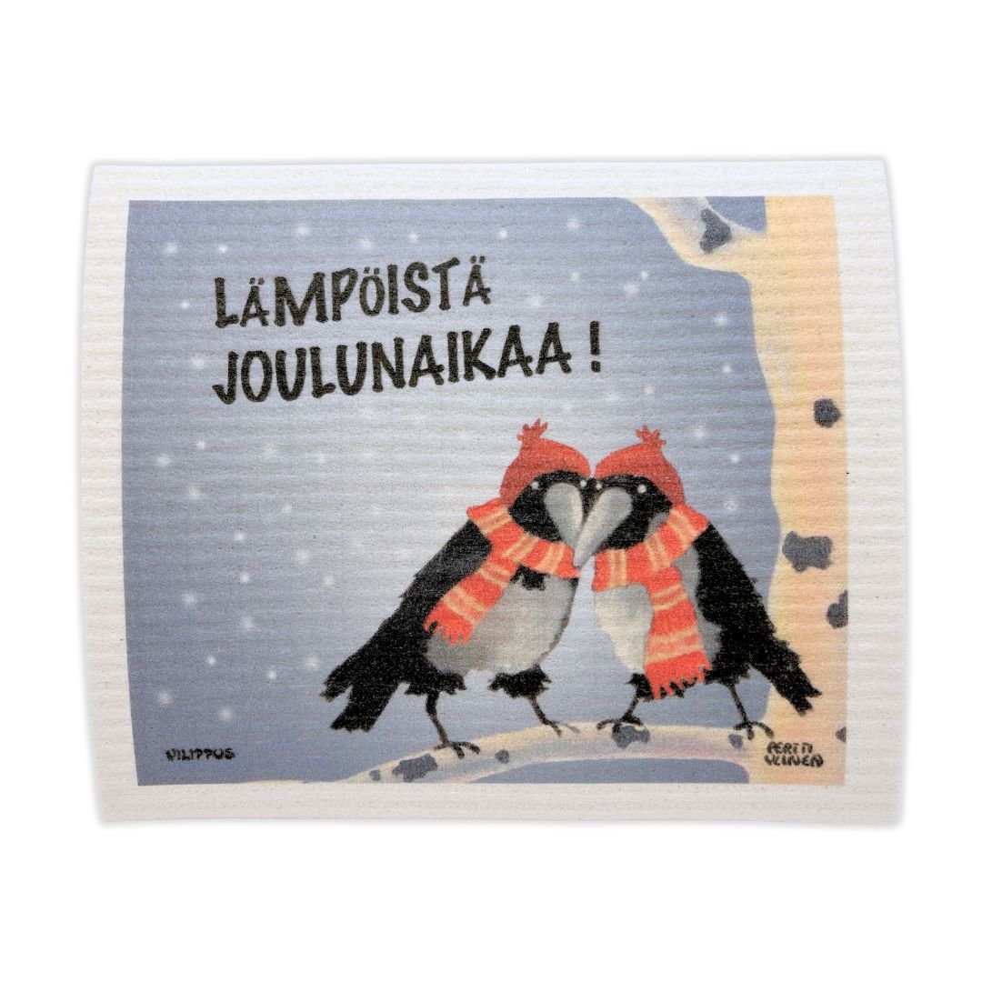 Kotimainen tiskirätti, jonka kuvituksessa kaksi varista oksalla, sekä teksti "lämpöistä joulunaikaa!"
