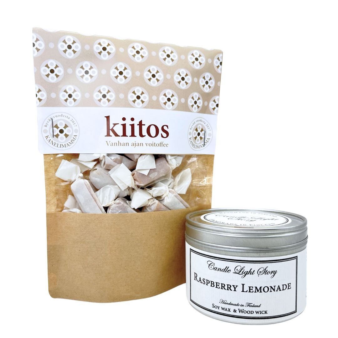 kiitoslahja-lahjapaketti-kiitos_ja_mukavia_hetkiä-vanhan_ajan_voitoffee-toffee-kotimainen_soijavahakynttilä-kynttilä-raspberry_lemonade-candle_light_story-kanelimamma-käsinetori