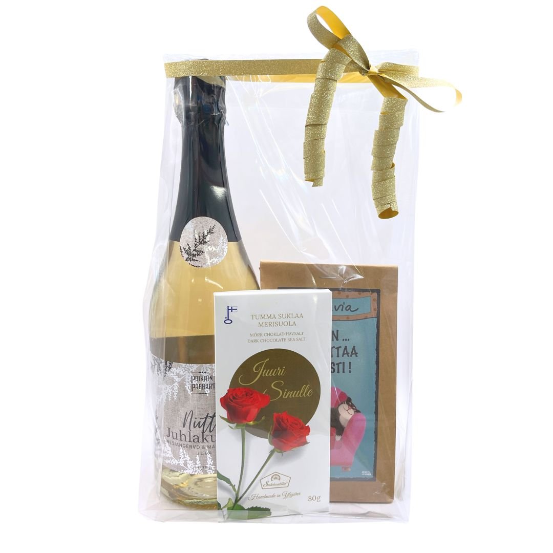 Kotimainen_lahjasetti-03-Vilippus-aromikahvi-Suklaatila-suklaalevy-Poikain_Parhaat-Niitty-kuohujuoma-paketoitu