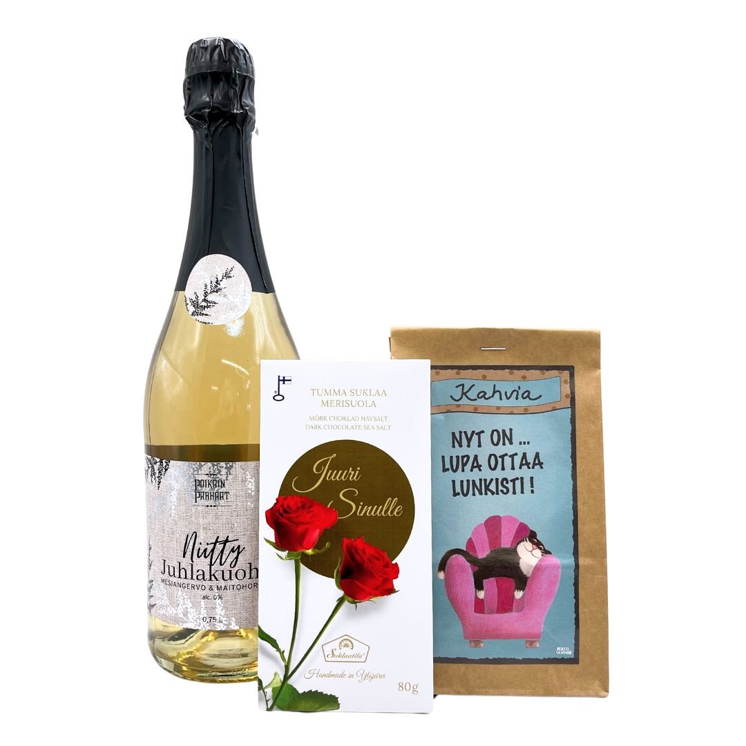 Kotimainen_lahjasetti-03-Vilippus-aromikahvi-Suklaatila-suklaalevy-Poikain_Parhaat-Niitty-kuohujuoma