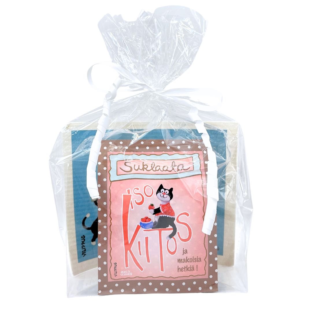 kiitoslahja-lahjapaketti-onnenkukkia_ja_kiitokset-suklaa-iso_kiitos_ja_makoisia_hetkiä-kotimainen_tiskirätti-onnenkukkia_jokaiseen_päivään-Vilippus-käsinetori-paketoitu