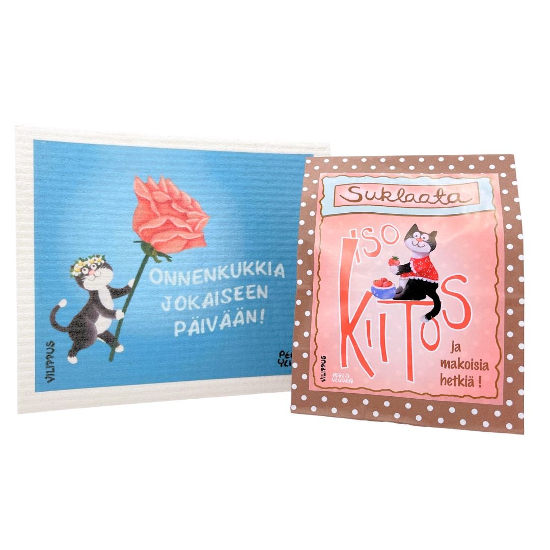 kiitoslahja-lahjapaketti-onnenkukkia_ja_kiitokset-suklaa-iso_kiitos_ja_makoisia_hetkiä-kotimainen_tiskirätti-onnenkukkia_jokaiseen_päivään-Vilippus-käsinetori