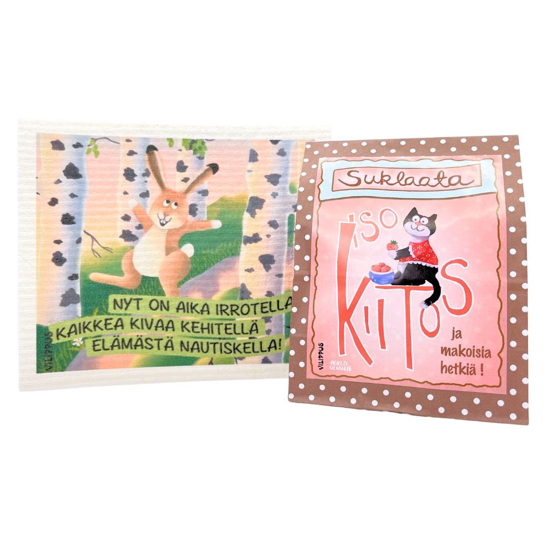 kiitoslahja-lahjapaketti-pupun_veikeät_kiitokset-suklaa-iso_kiitos_ja_makoisia_hetkiä-kotimainen_tiskirätti-nyt_on_aika_irrotella_kaikkea_kivaa_kehitellä_elämästä_nautiskella-Vilippus-käsinetori