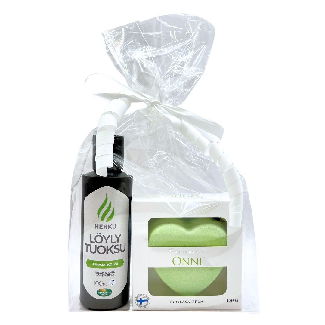 Kesälahja-lahjaidea-mökille-suolasaippua-sitrus-löylytuoksu-koivu-hunaja-Onnenpussi-Korpiahon_Hunaja-Käsinetori-paketti