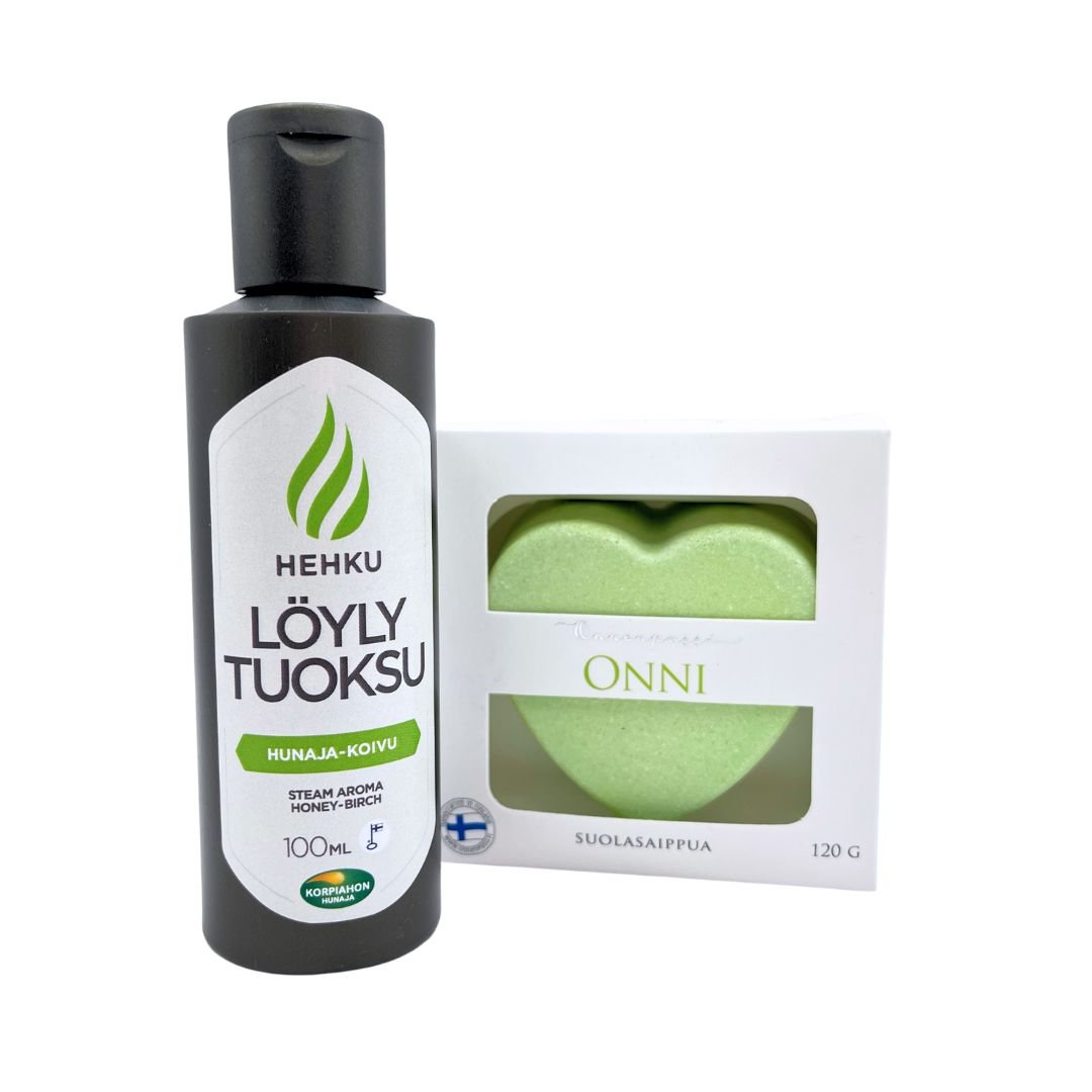 Kesälahja-lahjaidea-mökille-suolasaippua-sitrus-löylytuoksu-koivu-hunaja-Onnenpussi-Korpiahon_Hunaja-Käsinetori