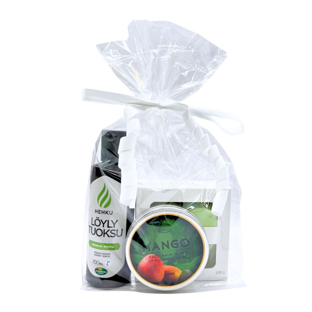 Kesälahja-lahjaidea-mökille-suolasaippua-sitrus-löylytuoksu-koivu-hunaja-kasvovoide-mango-Onnenpussi-Korpiahon_Hunaja-Taponerot-Käsinetori-paketti