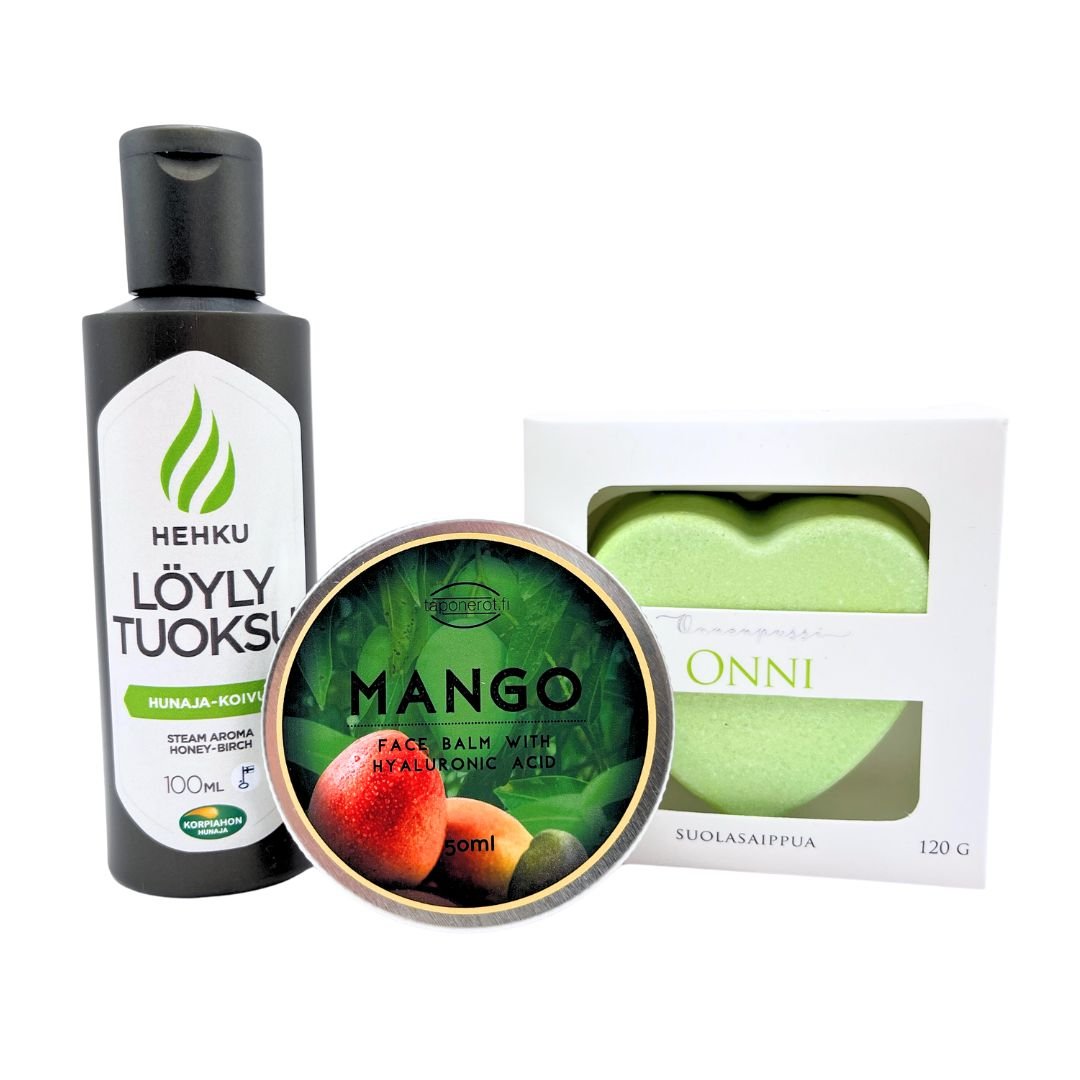Kesälahja-lahjaidea-mökille-suolasaippua-sitrus-löylytuoksu-koivu-hunaja-kasvovoide-mango-Onnenpussi-Korpiahon_Hunaja-Taponerot-Käsinetori