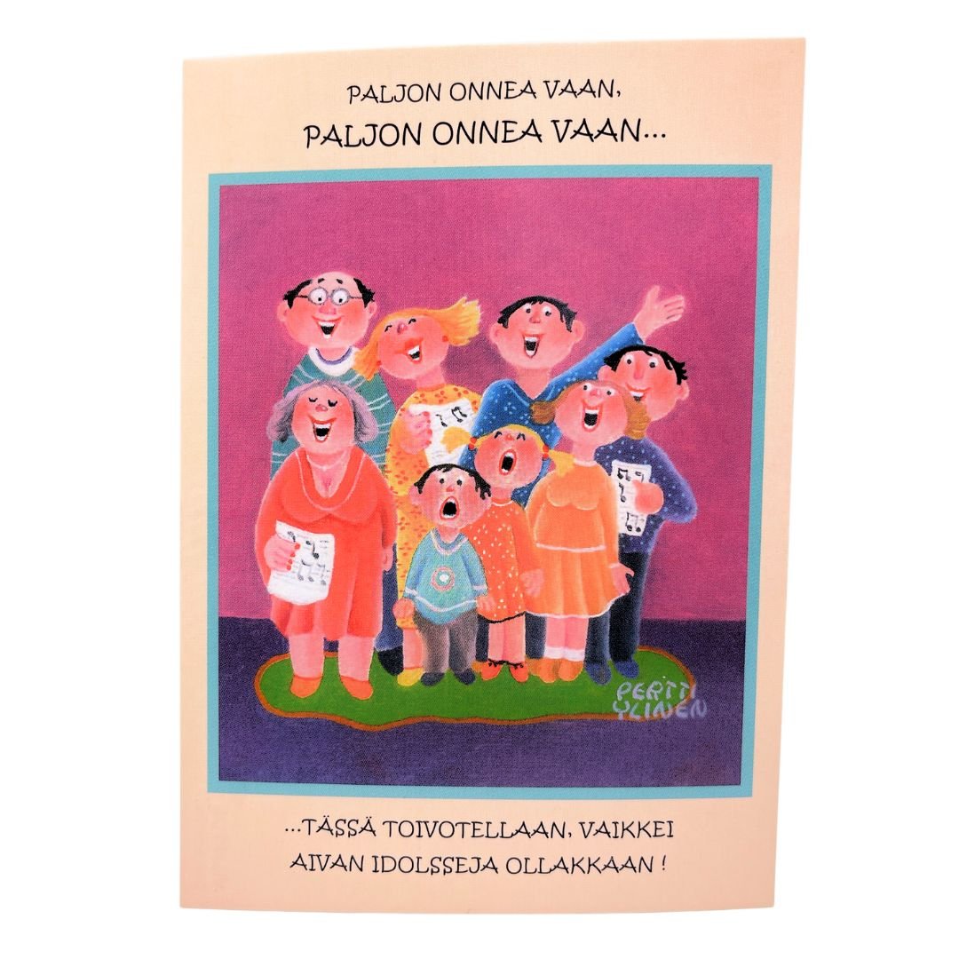 Kotimainen-postikortti-Vilippus-076-paljon_onnea_vaan_tässä_toivotellaan_vaikkei_aivan_idolsseja_ollakkaan