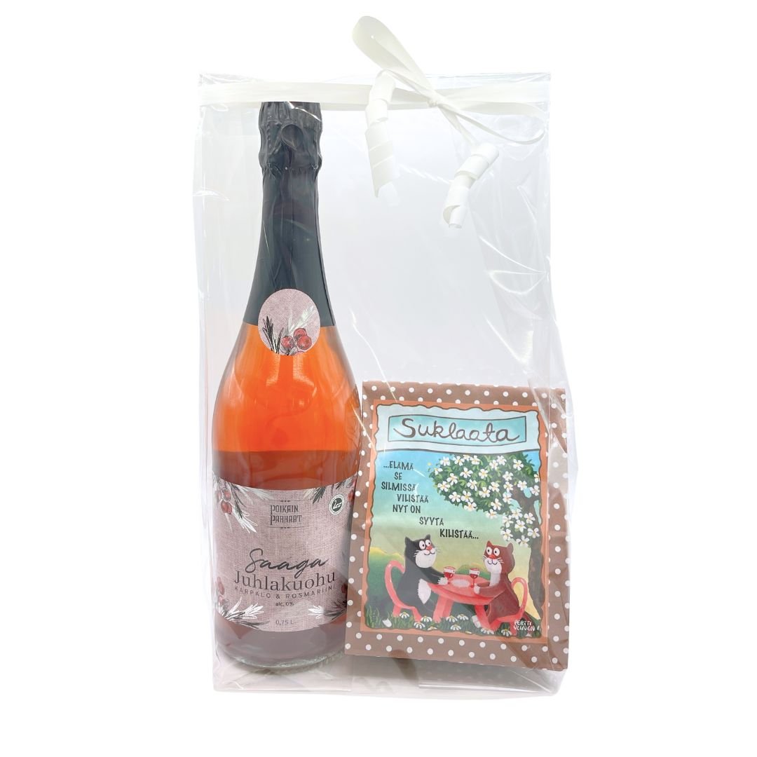 Lahjaidea-lahjapaketti-suklaa-kotimainen-kuohujuoma-karpalo-rosmariini-kilistellään_juhlapäivänä-paketti