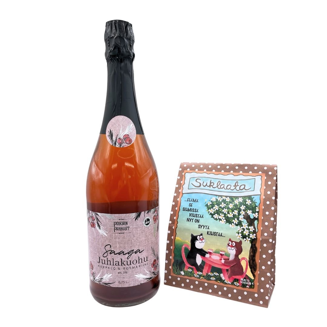 Lahjaidea-lahjapaketti-suklaa-kotimainen-kuohujuoma-karpalo-rosmariini-kilistellään_juhlapäivänä