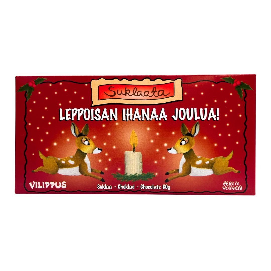 Jouluinen kotimainen maitosuklaalevy kinuskihelmillä punaisessa kääreessä, jossa kaksi peuraa ja kynttilä, sekä teksti "Leppoisan ihanaa joulua!"