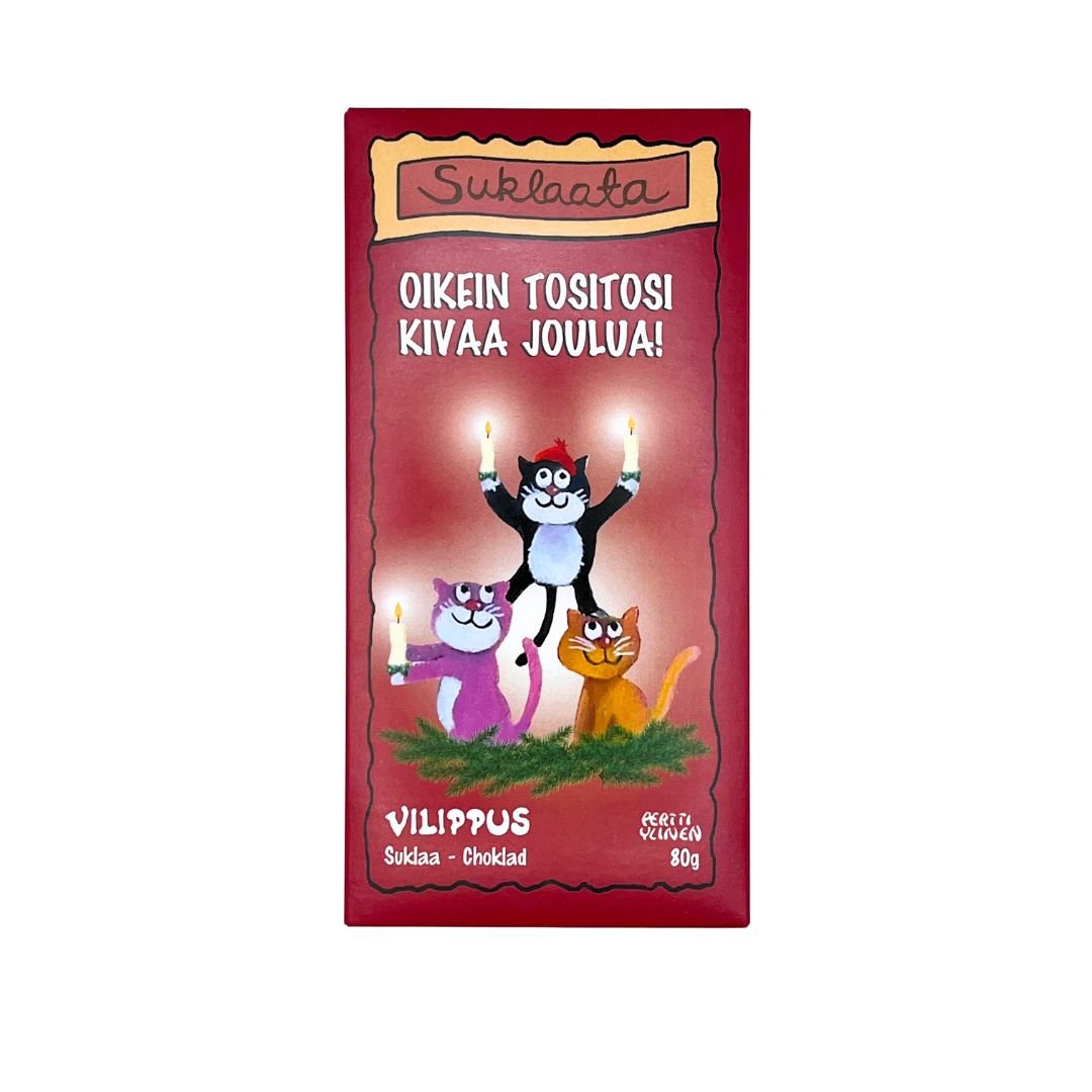 Kotimainen tumma suklaalevy punaisella kääreellä, jossa kuvitus kissoista kantamassa kynttilöitä, sekä teksti "Oikein tositosi kivaa joulua!"