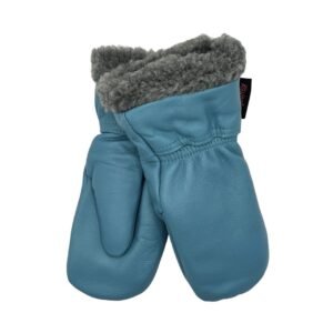 Käsinetorin vaalean petroolin väriset nahkarukkaset lapsille villavuorilla