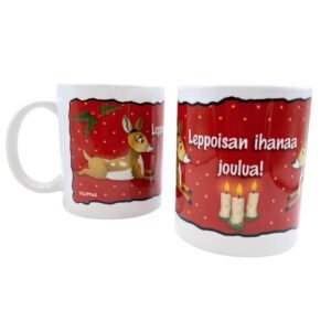 Valkoinen muki, jossa peurakuvitus joulunpunaisella taustalla, sekä teksti "Leppoisan ihanaa joulua!"