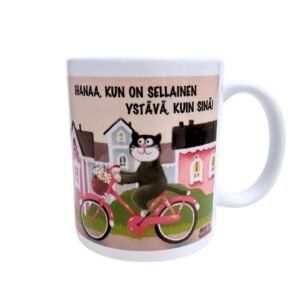Muki kuvituksella kissasta pyöräilemässä talojen ohi, sekä tekstillä "Ihanaa, kun on sellainen ystävä, kuin sinä!"