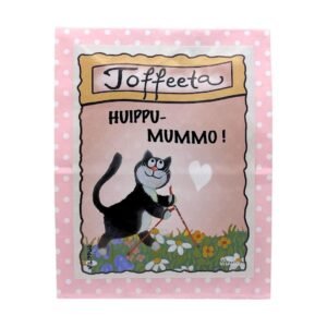 Kermatoffee vaaleanpunaisessa paperipussissa, jonka kyljessä kuvitus sauvakävelevästä kissasta, sekä teksti "Huippumummo!"