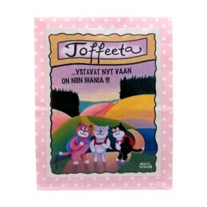 Kermatoffeeta pakattuna paperipussiin, jonka kyljessä kissakuvitus sekä teksti, "ystävät nyt vaan on niin ihania!"