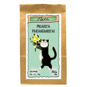 Mansikalta, ruusulta ja laventelilta maistuva vihreä tee, joka on pakattu paperipussiin, jonka kyljessä kukkakimppua ojentava kissa, sekä teksti "Pikaista paranemista!"