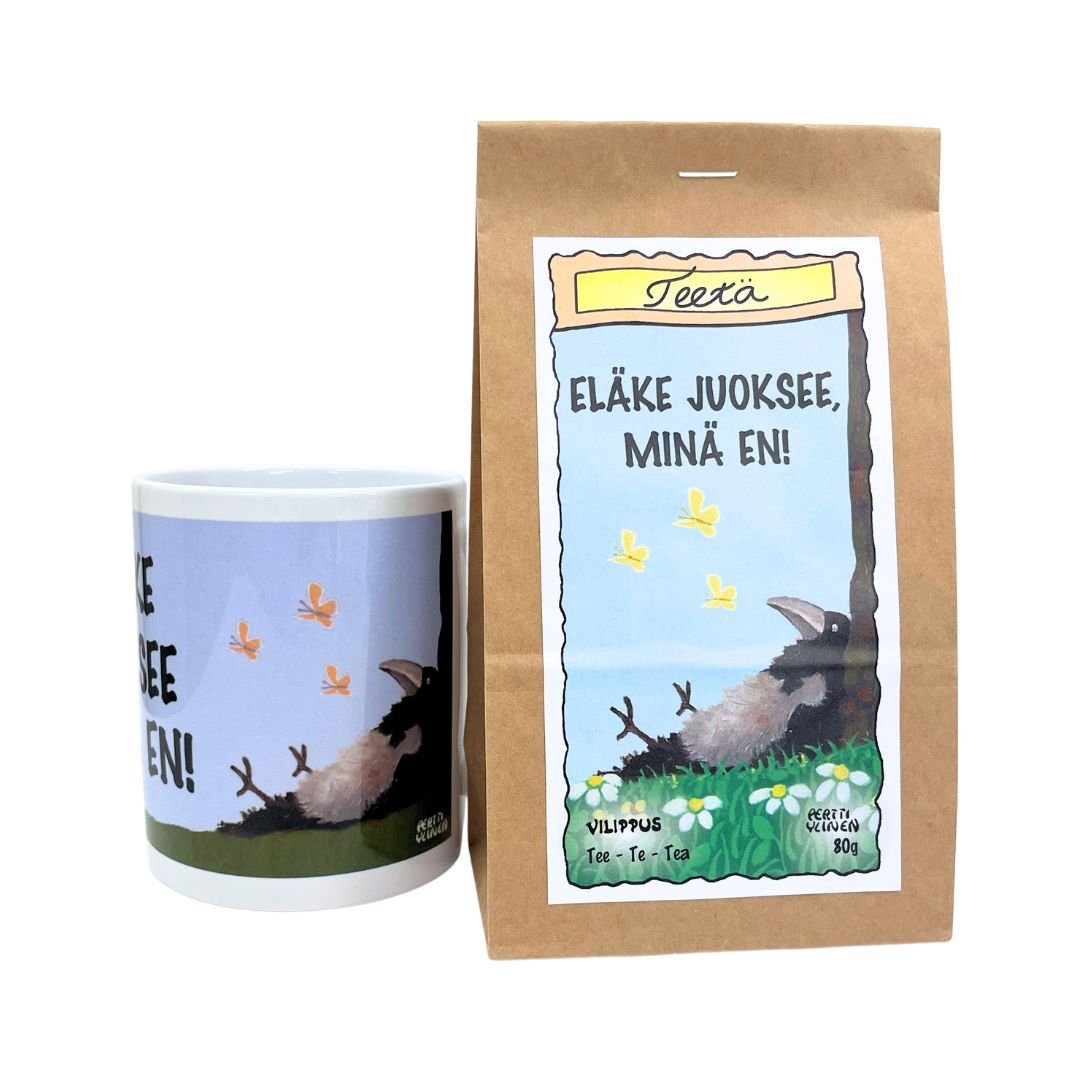 Eläkelahja, jossa muki ja paperinen pussi teetä, joiden kuvituksessa loikoileva varis, sekä teksti "Eläke juoksee, minä en!"