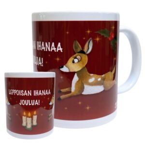 Punainen joulumuki, jonka kuvituksessa on peura, sekä teksti "Leppoisan ihanaa joulunaikaa!"