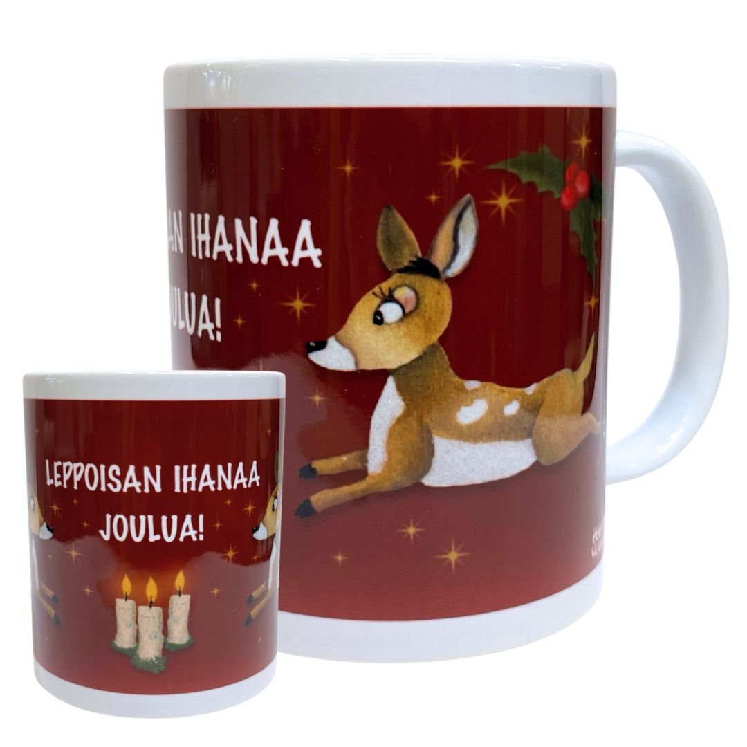 Punainen joulumuki, jonka kuvituksessa on peura, sekä teksti "Leppoisan ihanaa joulunaikaa!"
